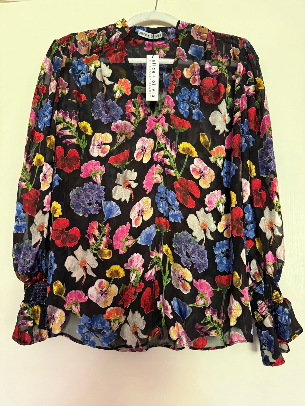 Alice + Olivia Black Floral V-Neck Long Sleeve Blouse with Multicolor Blooms